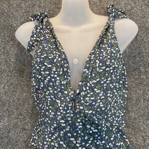 Sweet Pot Womens 6 Blue White Floral Maxi Dress Sleeveless Whimsy Ruffle Skirt